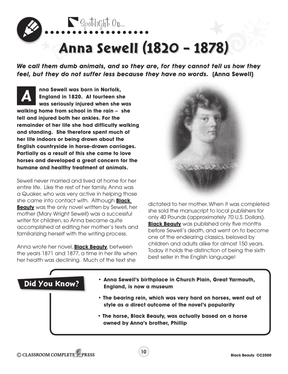 Anna Sewell (1820–1878) biography with her portrait, a quote on animals and Did You Know facts about the novel