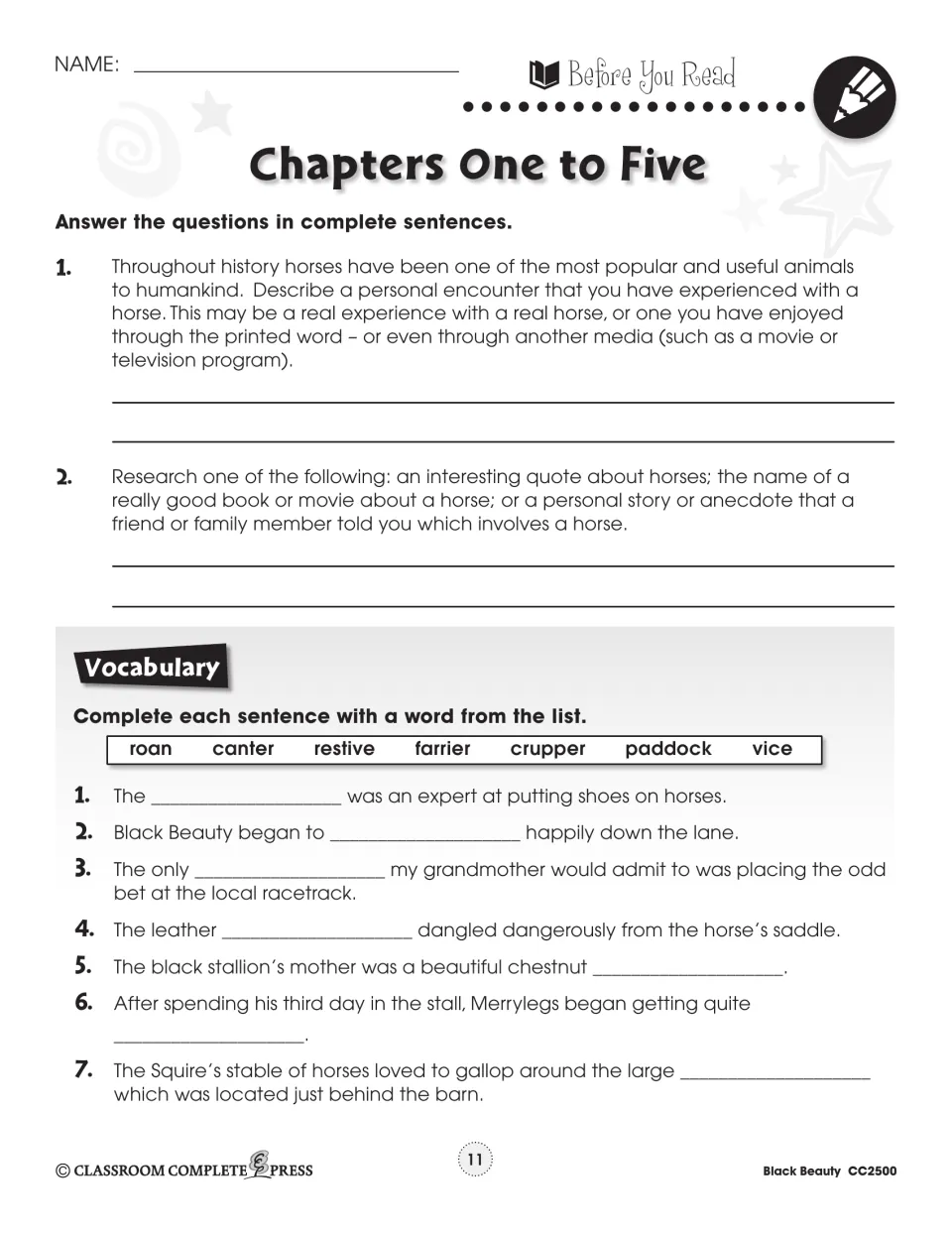 Chapters 1–5 Before You Read: two horse questions and sentences to complete with roan, canter, farrier and more