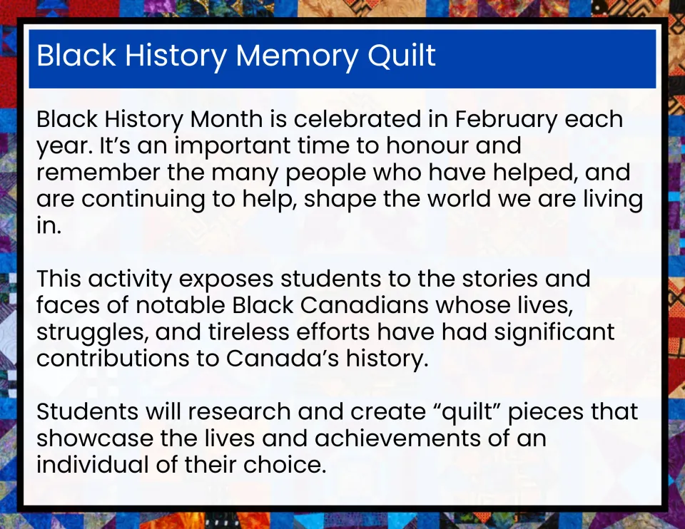 Project overview: students research a notable Black Canadian and create quilt pieces showing that person's achievements