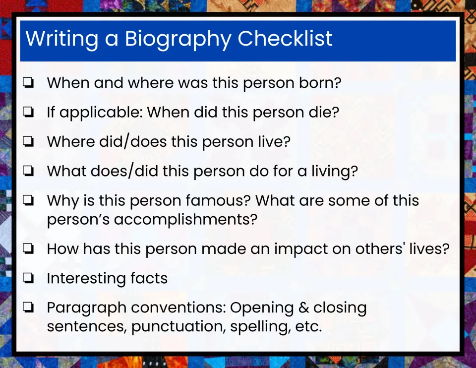 Biography checklist: students confirm birth, home, job, fame, impact, interesting facts and paragraph conventions