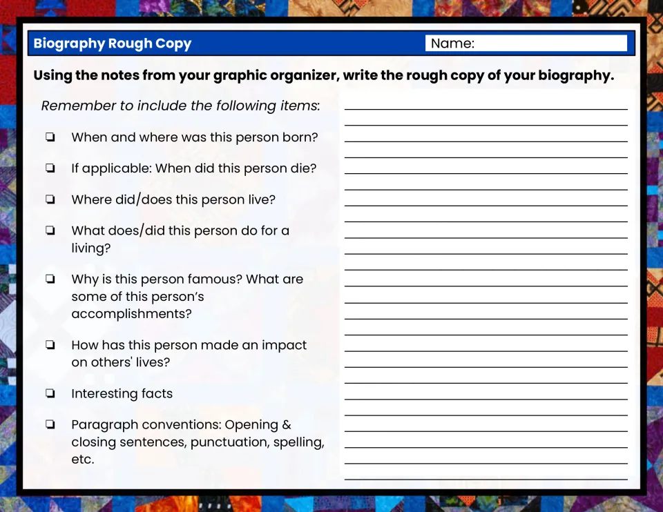 Biography rough copy: students draft their biography from organizer notes, guided by the same checklist of items