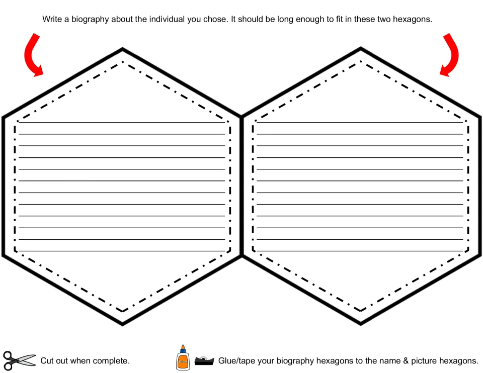 Biography hexagon cut-out piece: students write their biography across two hexagons, then glue them to the name tabs