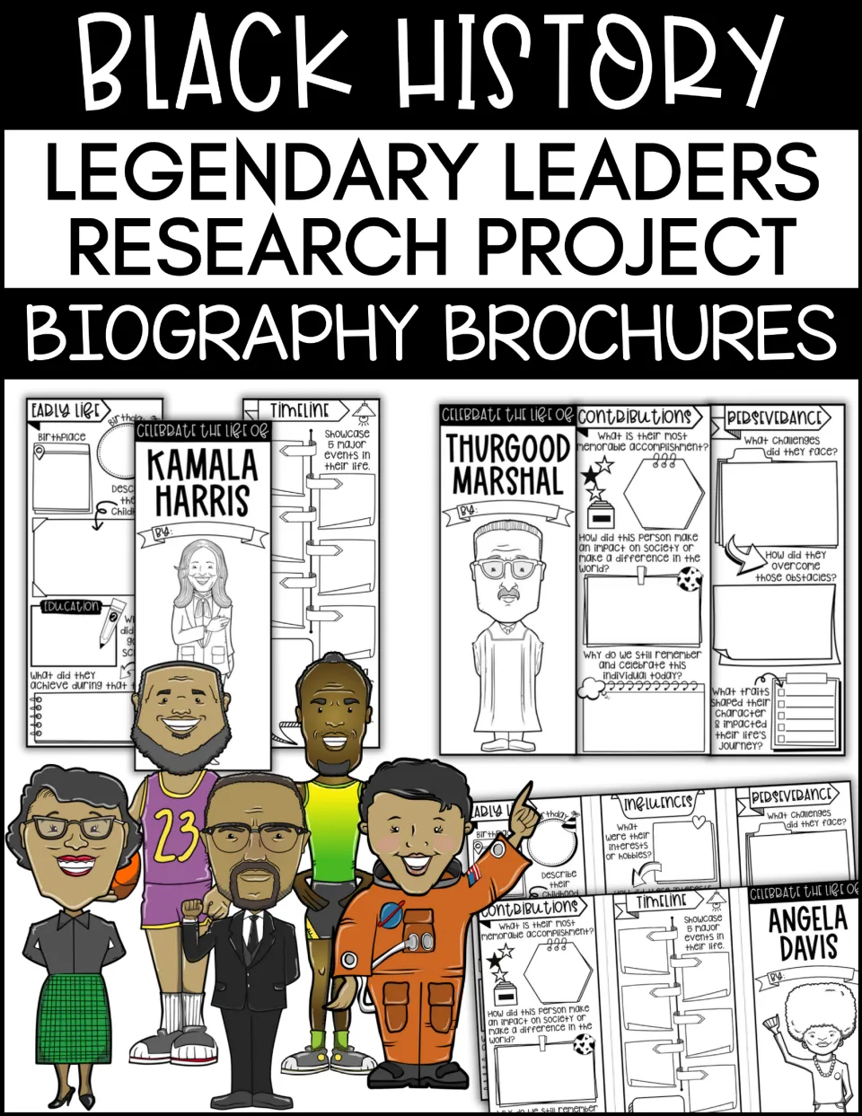 Biography research project cover showing sample brochures for Kamala Harris, Thurgood Marshall, and Angela Davis