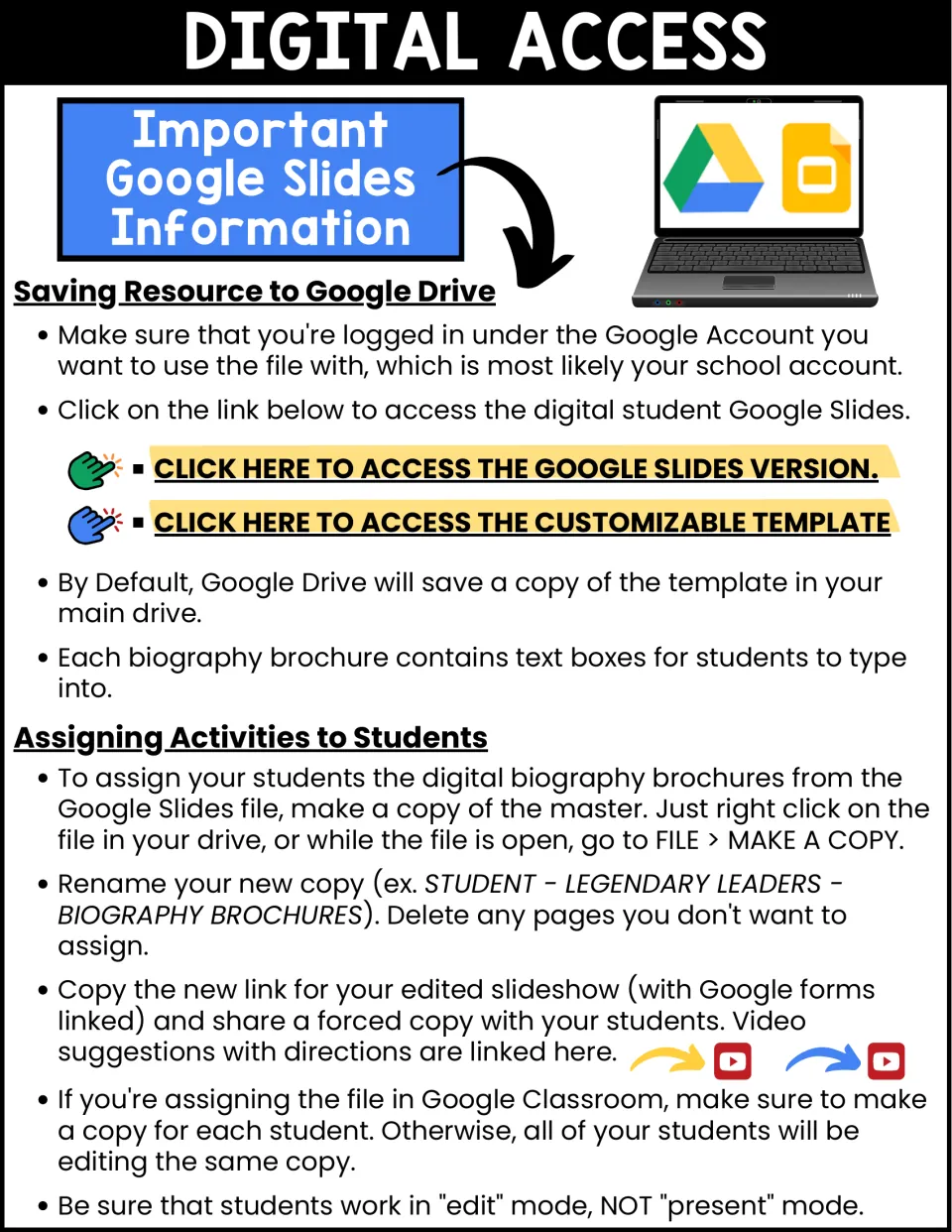 Digital access instructions for copying biography brochures in Google Slides and assigning student copies