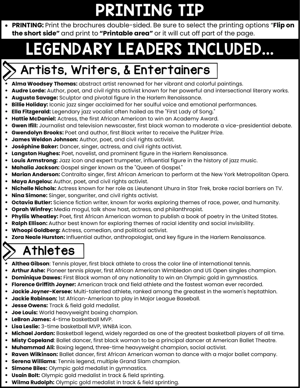 Brochure printing tips and leader lists for artists, writers, entertainers, and athletes, including Jesse Owens