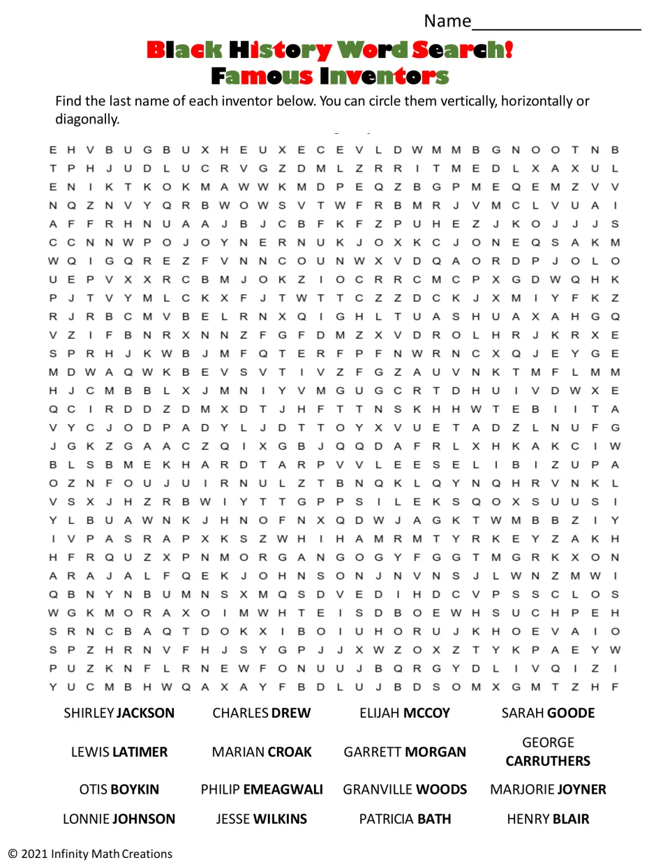 Black inventors word search: students find 16 last names such as Jackson, Drew, McCoy and Bath across, down or diagonally