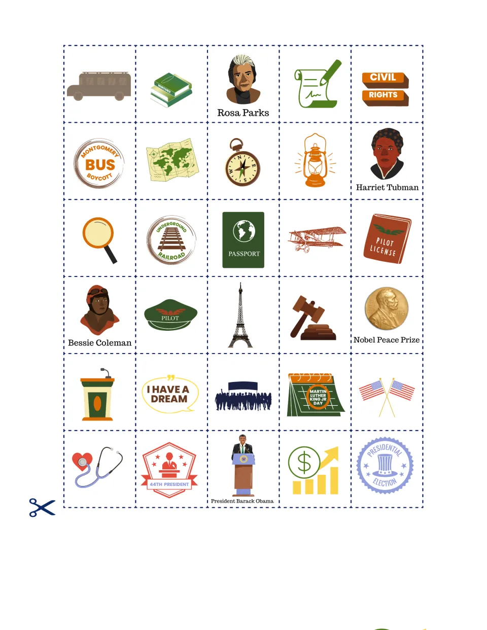 Black history calling cards to cut apart: 30 pictures including Rosa Parks, Harriet Tubman, Bessie Coleman and Obama