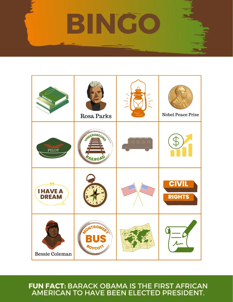 Bingo board 1: students mark 16 pictures such as Rosa Parks, Underground Railroad and I Have a Dream; Obama fun fact