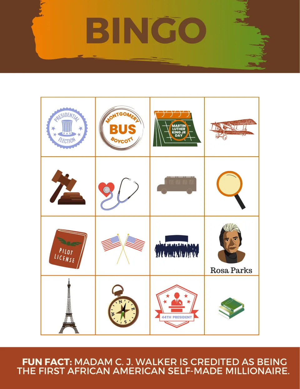 Bingo board 4: Rosa Parks, Montgomery Bus Boycott, MLK Jr Day and pilot license to mark; fun fact on Madam C. J. Walker