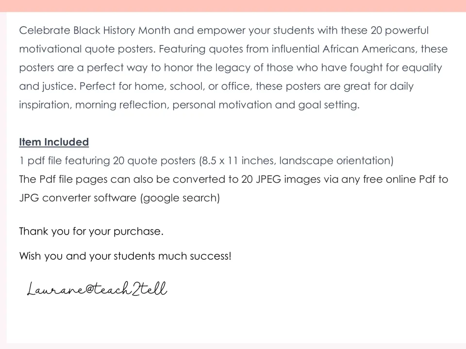 Set overview describing 20 motivational quote posters from influential African Americans, printed 8.5 x 11 landscape