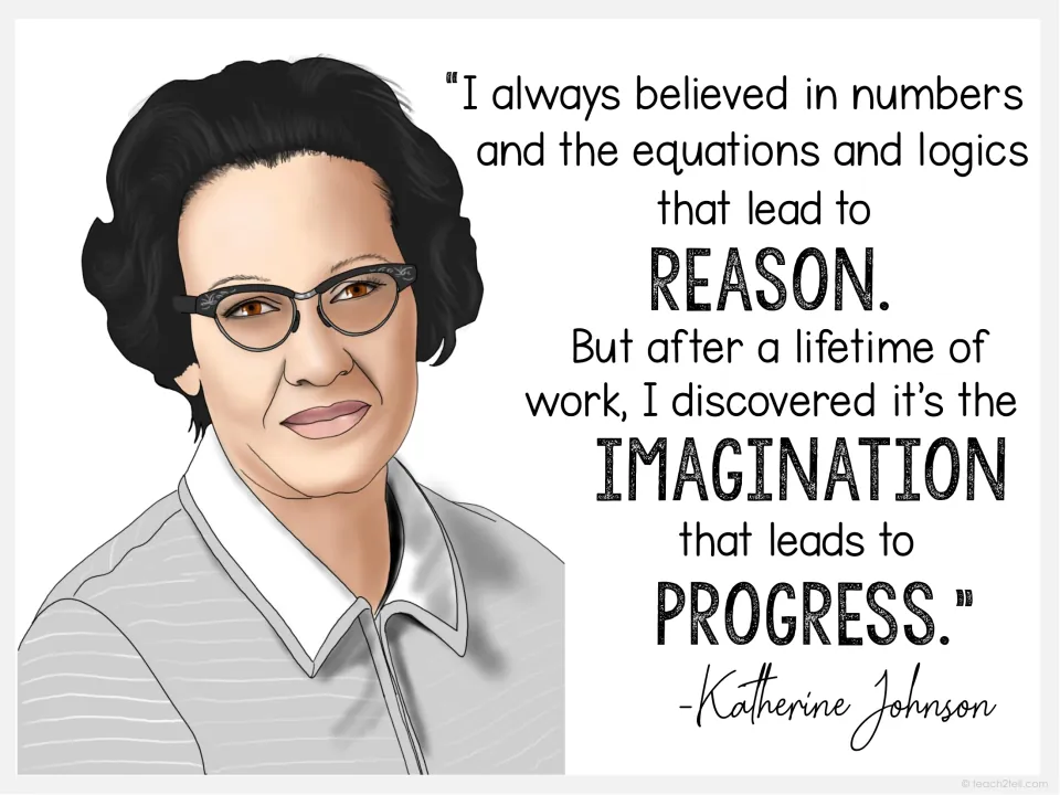 Katherine Johnson poster on numbers and reason, noting imagination leads to progress, beside her portrait