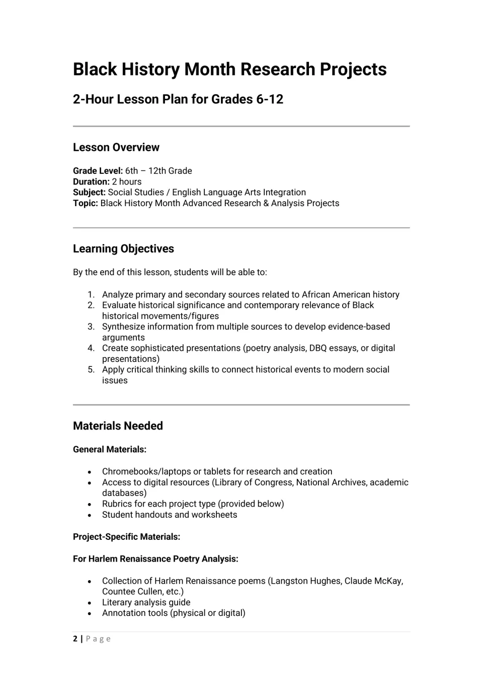 Research projects lesson overview: duration, subject, five learning objectives and materials for poetry, DBQ and slides