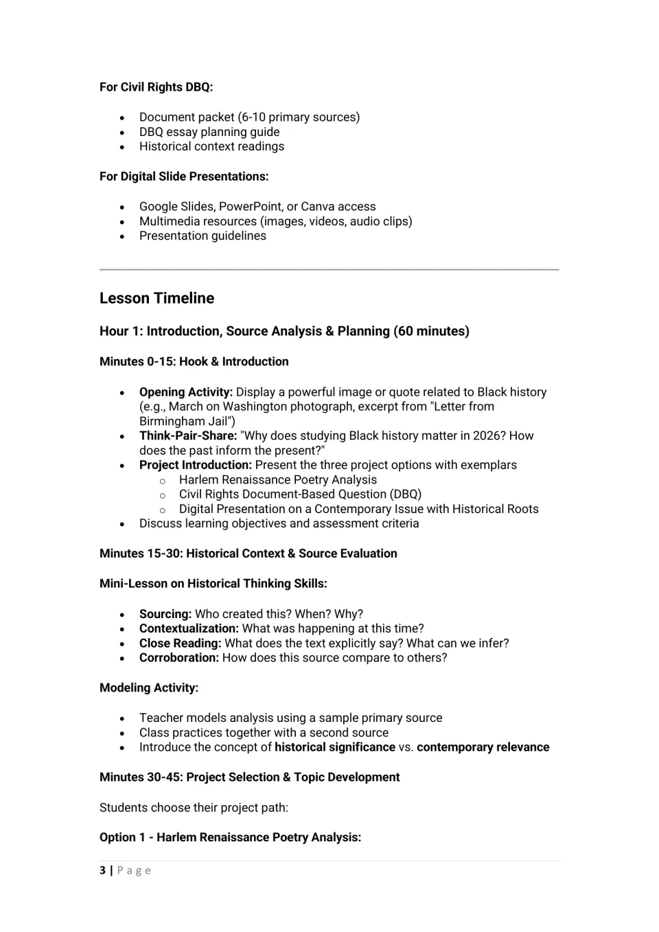 Lesson timeline, hour 1: hook with Think-Pair-Share, mini-lesson on sourcing and corroboration, then project selection