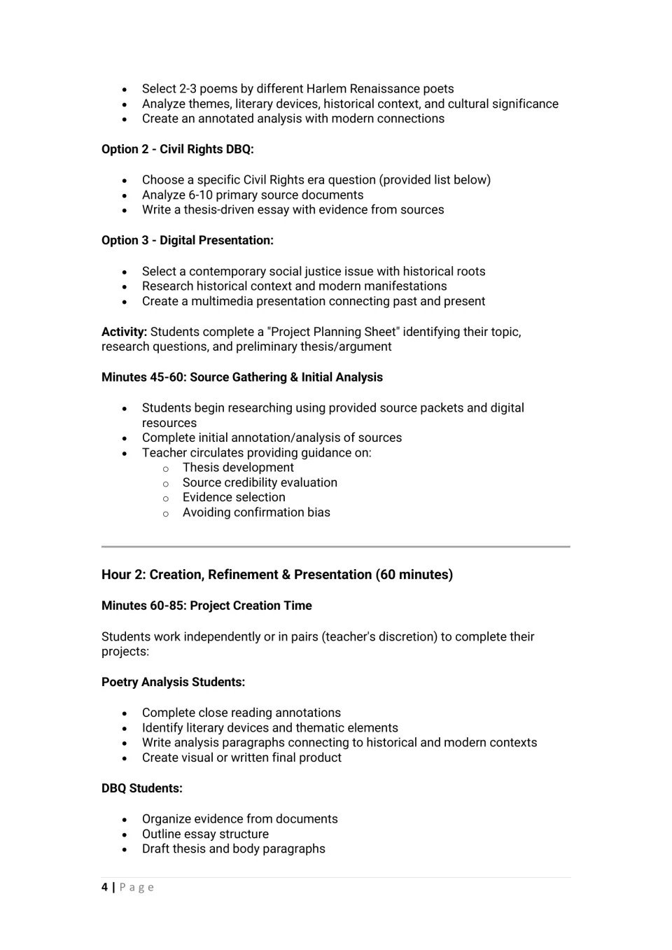 Three project paths (poetry, Civil Rights DBQ, digital slides), source gathering, and hour 2 project creation tasks