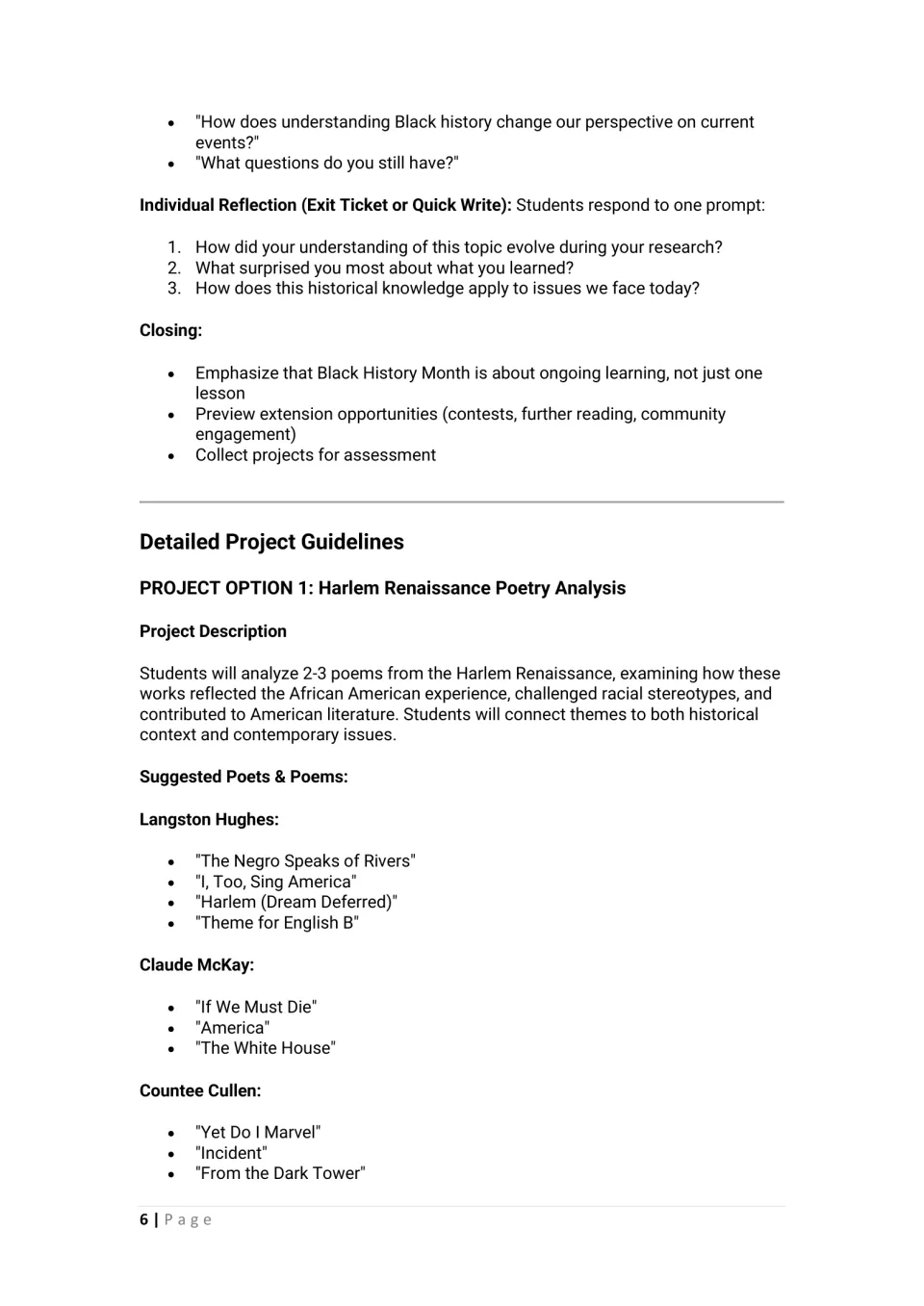 Reflection exit ticket prompts and closing, then Harlem Renaissance poetry project with poems by Hughes, McKay and Cullen