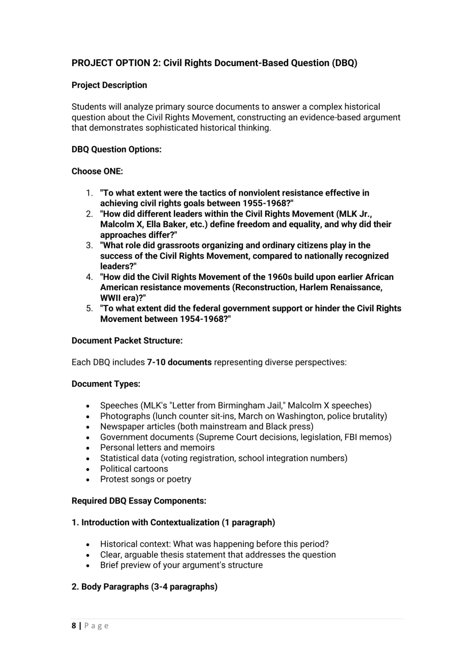 Civil Rights DBQ project: five essay questions to choose from, document types in the packet and intro requirements
