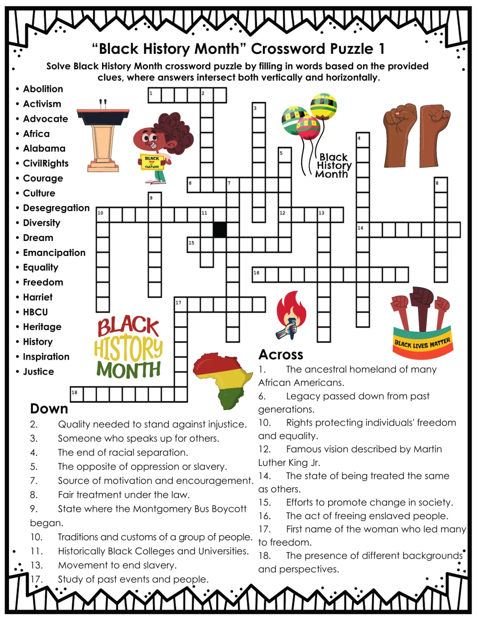Black History Month crossword 1: students solve 20 clues on abolition, civil rights and heritage from a 21-word bank