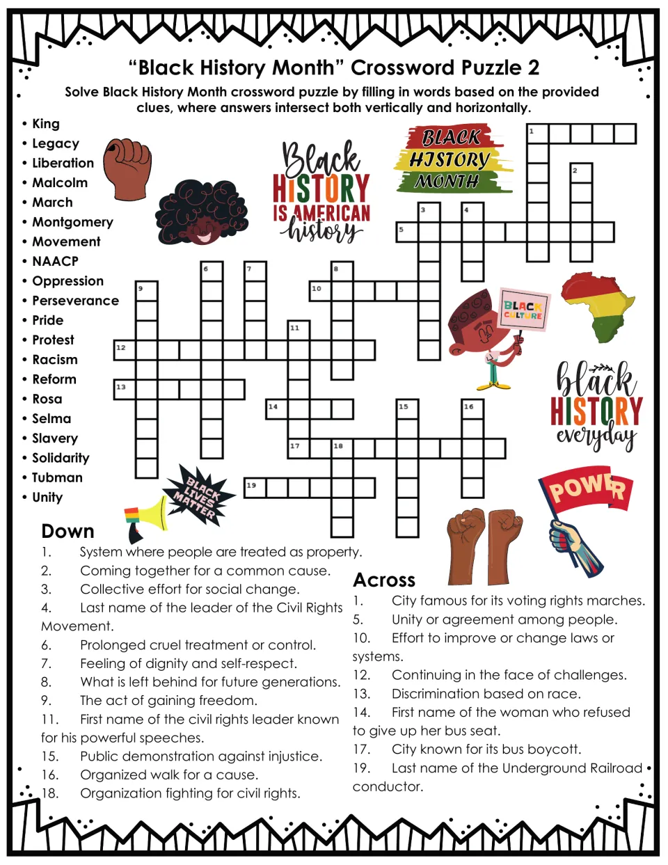 Civil rights crossword 2: students solve 20 clues about Selma, Rosa Parks, Tubman and the NAACP from a 20-word bank