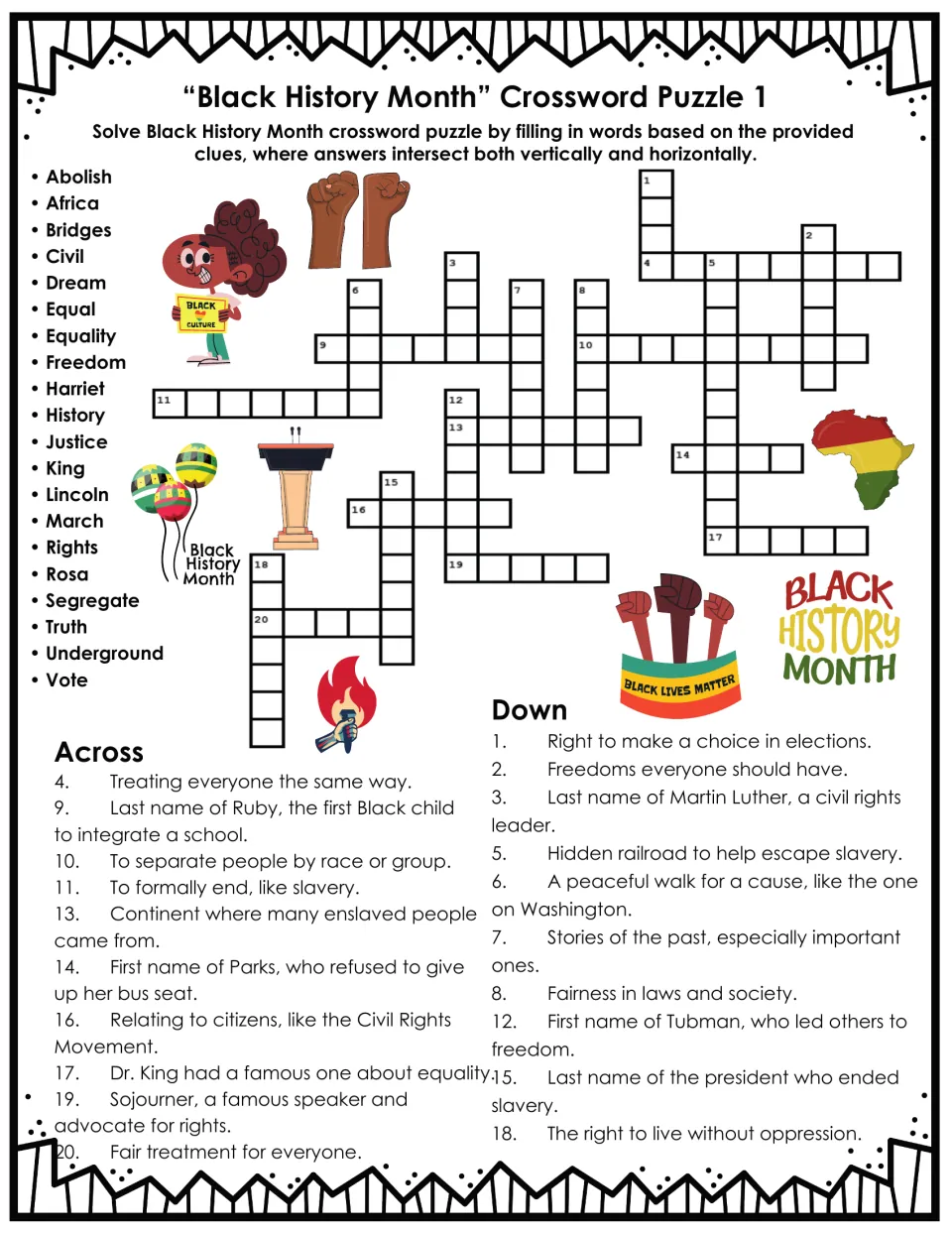 Black History Month crossword 1: students solve clues on Rosa Parks, Ruby Bridges and voting rights from a 20-word bank