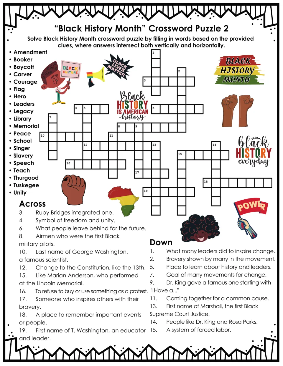 Civil rights crossword 2: students answer clues on Thurgood Marshall, Tuskegee Airmen and boycotts from a 20-word bank