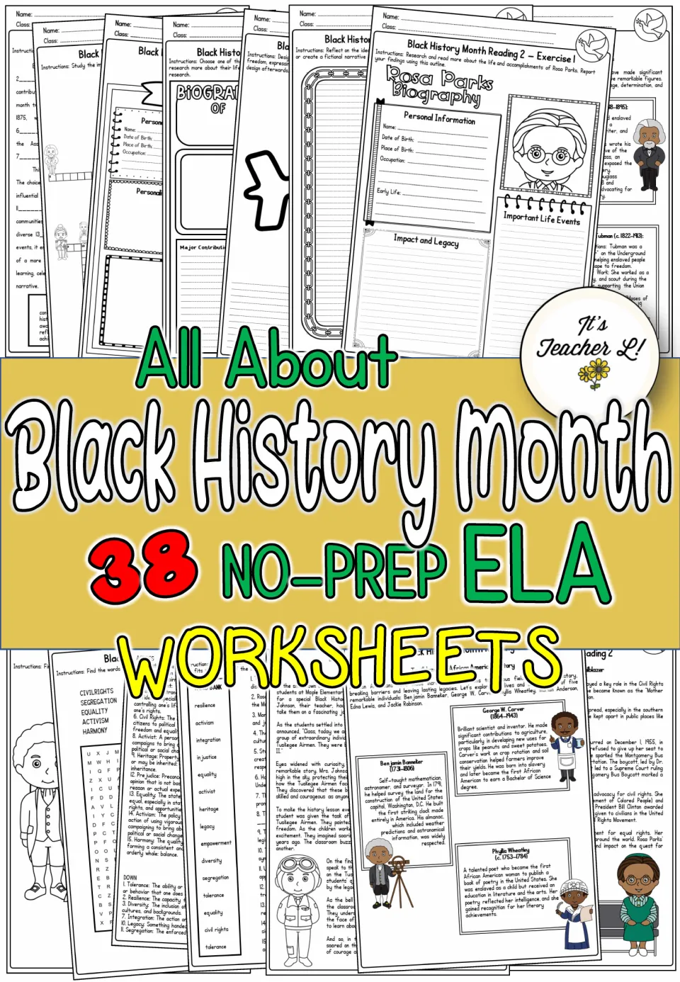 All About Black History Month cover: 38 no-prep ELA worksheets shown, incl. a Rosa Parks biography and a word search