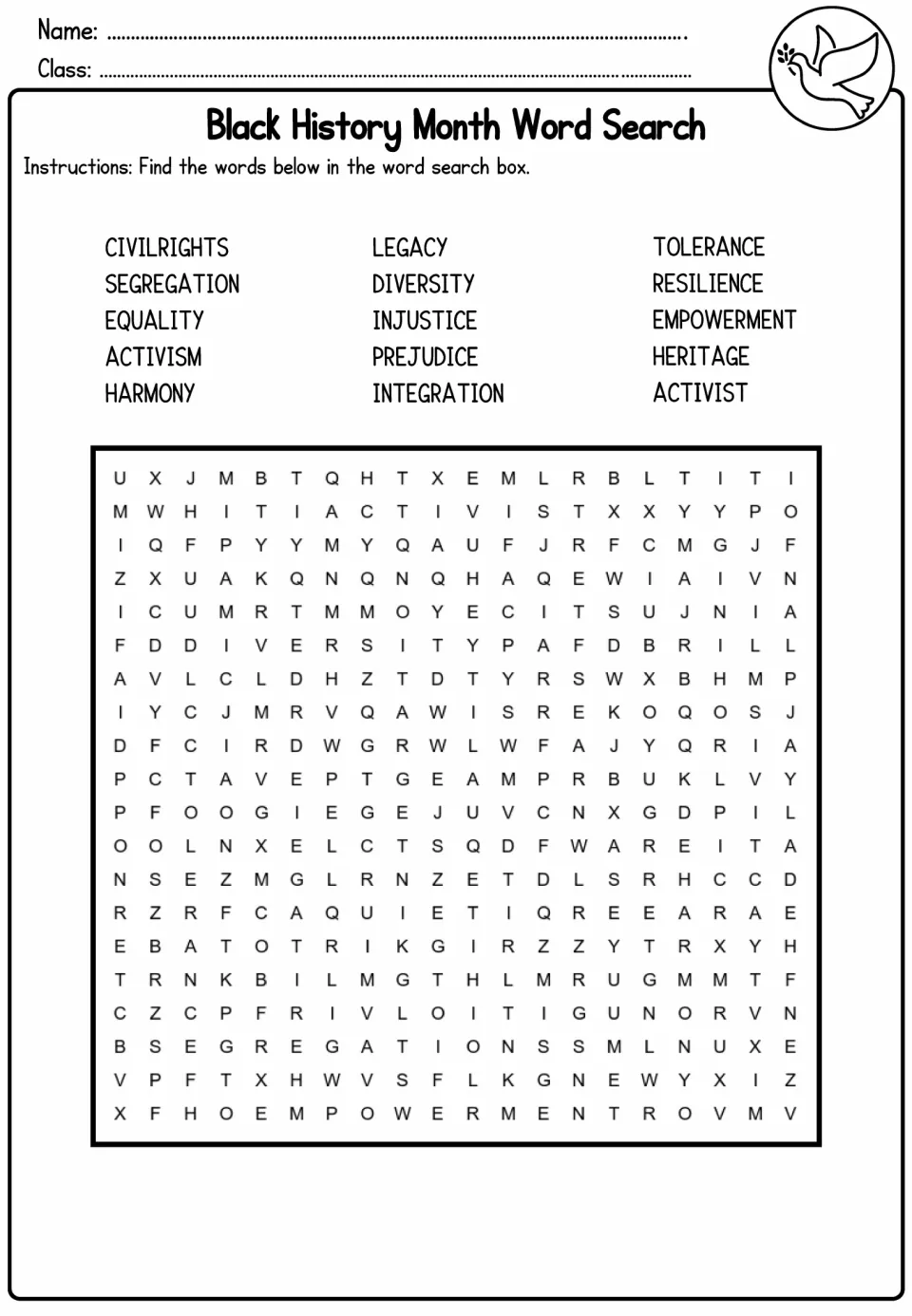 Black History Month word search: students find 15 terms such as civil rights, segregation, equality and heritage