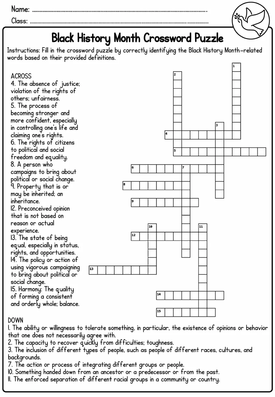 Black History Month crossword: students solve across and down clues defining injustice, resilience and heritage