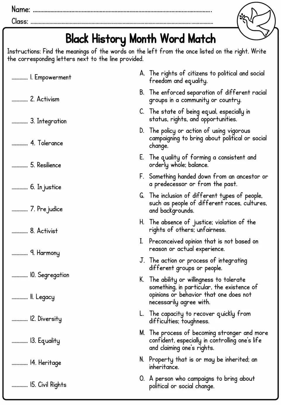 Black History Month word match: students pair 15 terms, from empowerment to civil rights, with lettered definitions