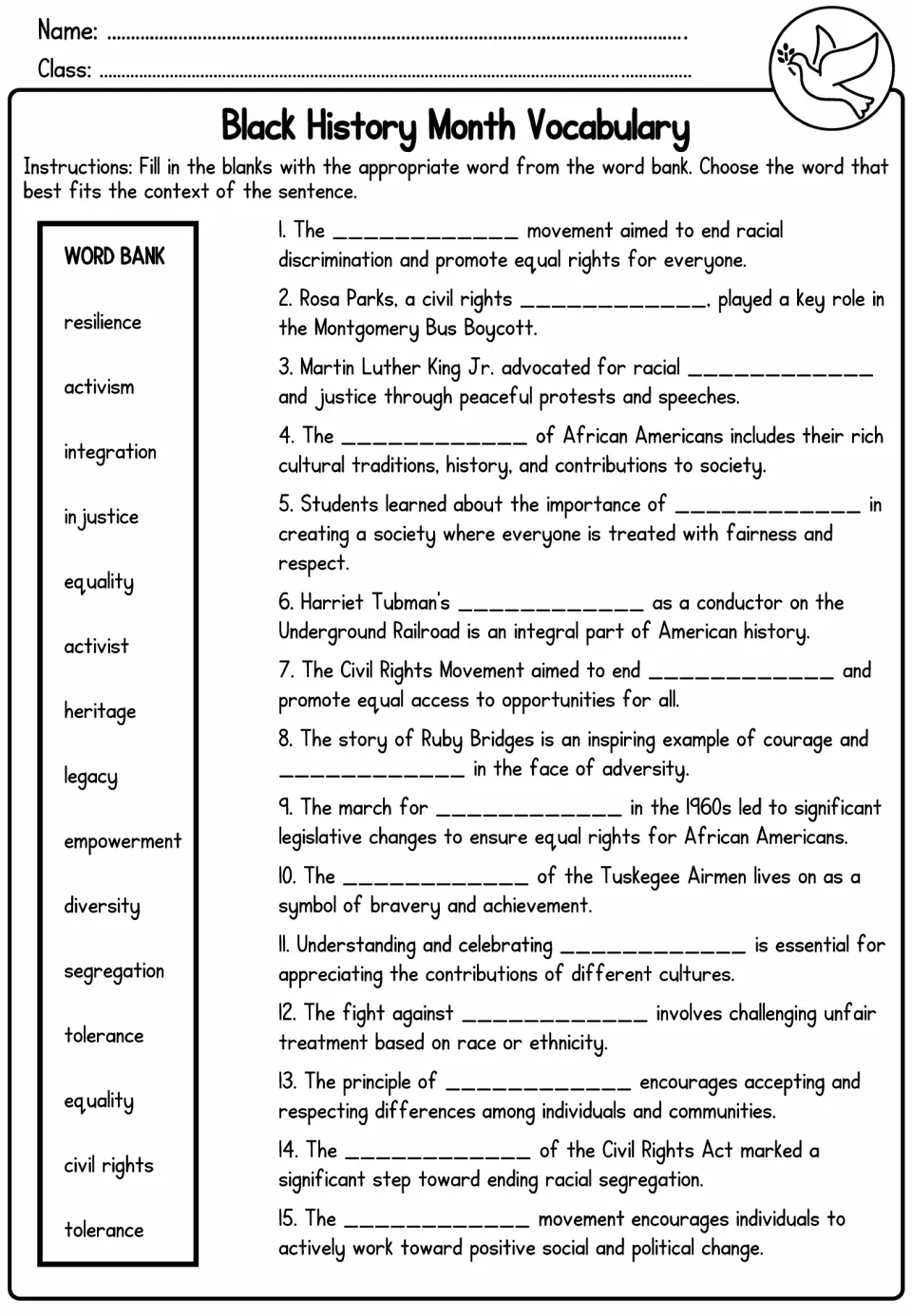 Vocabulary in context: students use a word bank to fill 15 blanks in sentences on Rosa Parks, Harriet Tubman and more
