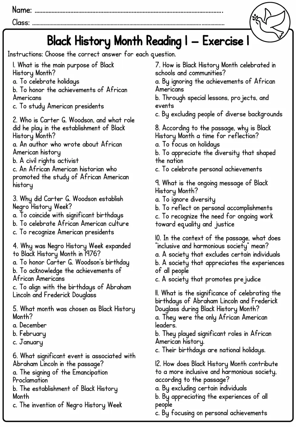 Reading 1 Exercise 1: students answer 12 multiple-choice comprehension questions on Woodson and Black History Month