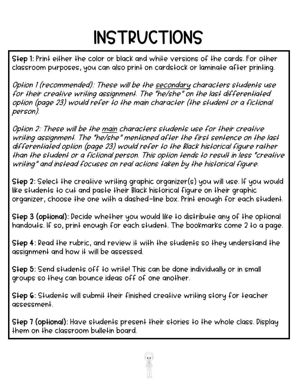 Teacher instructions in 7 steps: print figure cards, pick a graphic organizer, review the rubric, then write and share