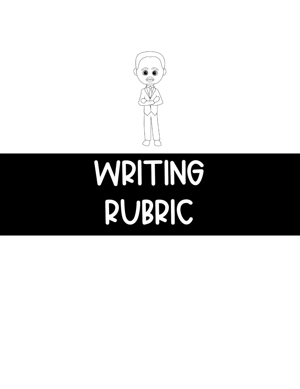 Writing Rubric section divider showing an outline drawing of a man in a suit with arms crossed