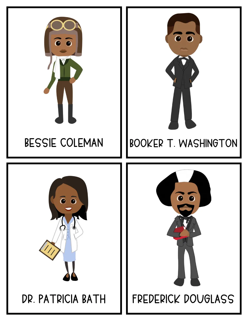 Figure cards: Bessie Coleman, Booker T. Washington, Dr. Patricia Bath and Frederick Douglass as characters for stories