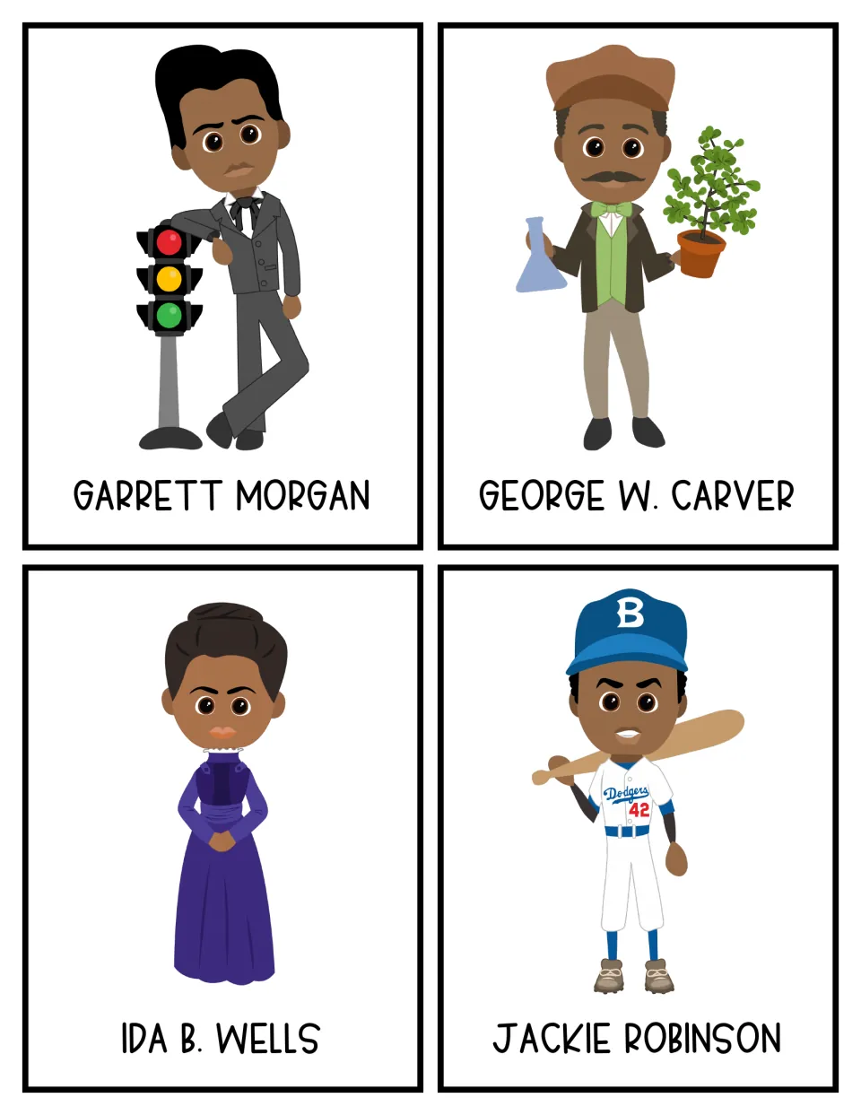 Cards for Garrett Morgan, George W. Carver, Ida B. Wells and Jackie Robinson to use as story characters