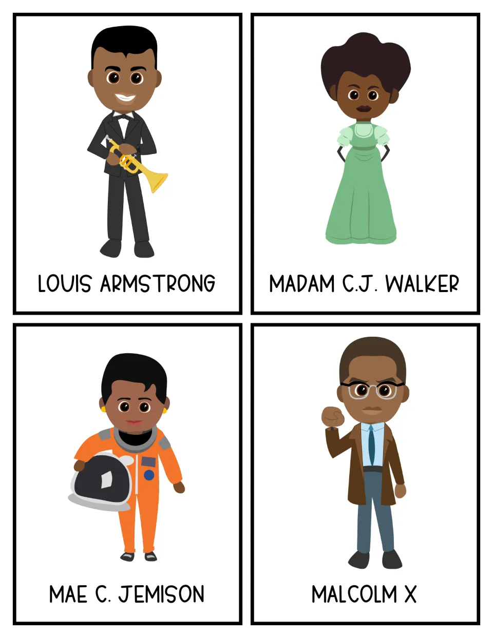 Character cards: Louis Armstrong, Madam C.J. Walker, Mae C. Jemison and Malcolm X, cartoon portraits for story writing