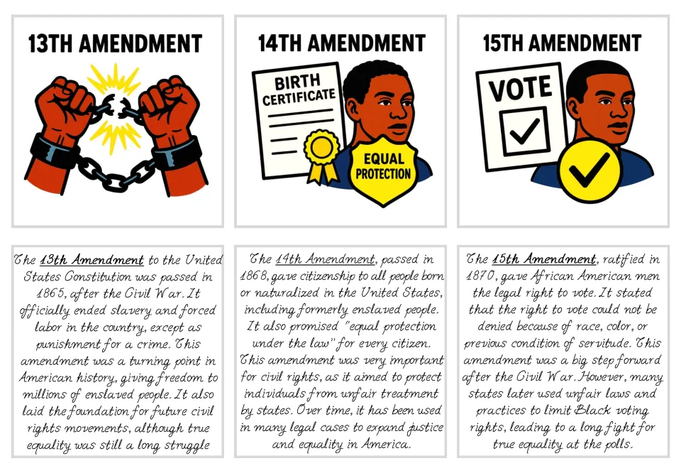 Black history flashcards 1–3: the 13th, 14th, and 15th Amendments, with illustrations and explanations