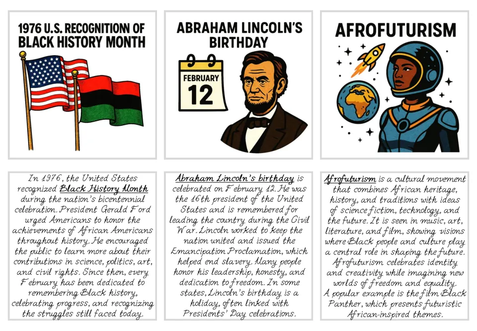 Black history flashcards 4–6: 1976 recognition of Black History Month, Lincoln’s birthday, and Afrofuturism