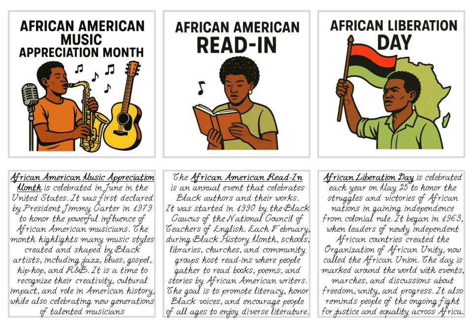 Black history flashcards 7–9: African American Music Appreciation Month, Read-In, and African Liberation Day