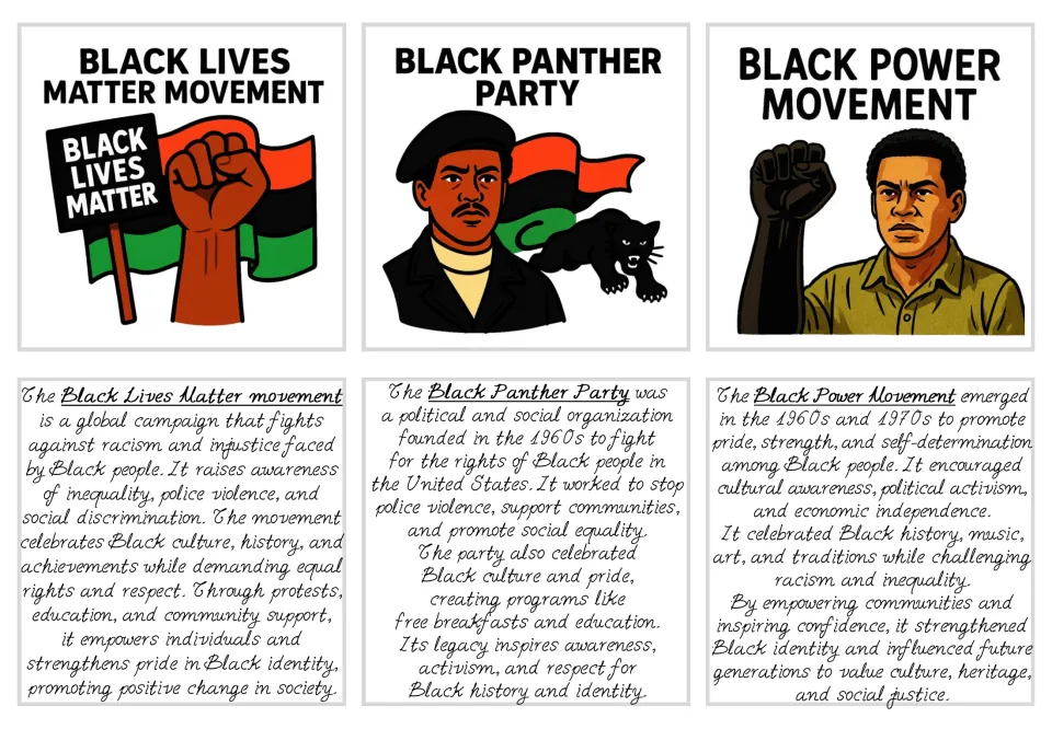 Black history flashcards 13–15: Black Lives Matter Movement, Black Panther Party, and Black Power Movement
