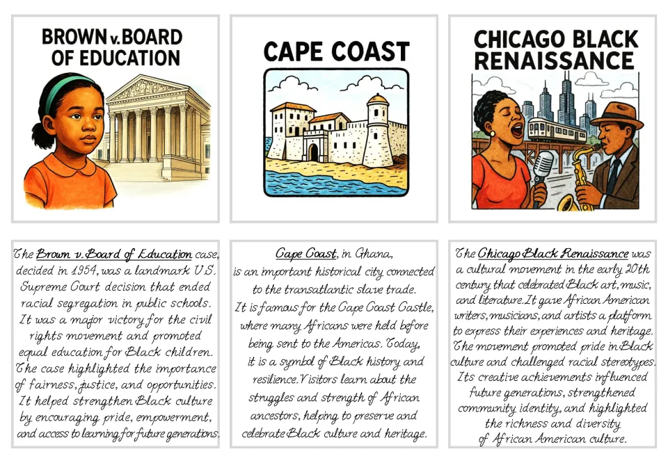 Black history flashcards 16–18: Brown v. Board of Education, Cape Coast, and the Chicago Black Renaissance