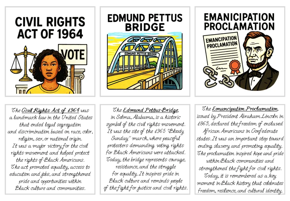 Black history flashcards 19–21: Civil Rights Act of 1964, Edmund Pettus Bridge, and Emancipation Proclamation