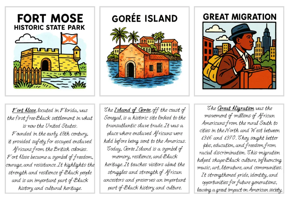 Black history flashcards 22–24: Fort Mose Historic State Park, Gorée Island, and the Great Migration