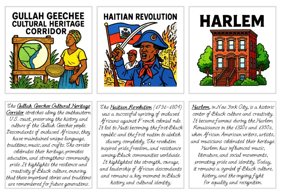 Black history flashcards 25–27: Gullah Geechee Cultural Heritage Corridor, Haitian Revolution, and Harlem