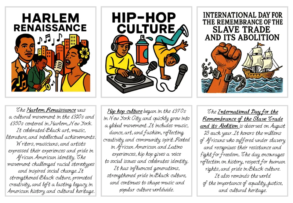 Black history flashcards 28–30: Harlem Renaissance, hip-hop culture, and slave trade remembrance day
