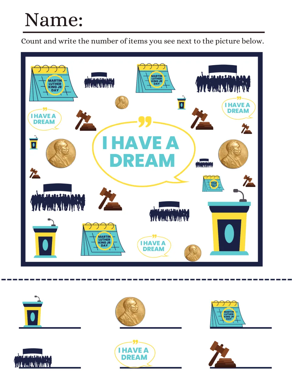 MLK Jr. Day I Spy: students count podiums, medals, calendars, marchers, gavels and I Have a Dream speech bubbles
