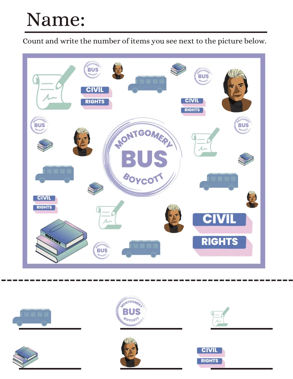 Montgomery Bus Boycott I Spy: students count buses, bus badges, scrolls, history books, portraits and Civil Rights labels