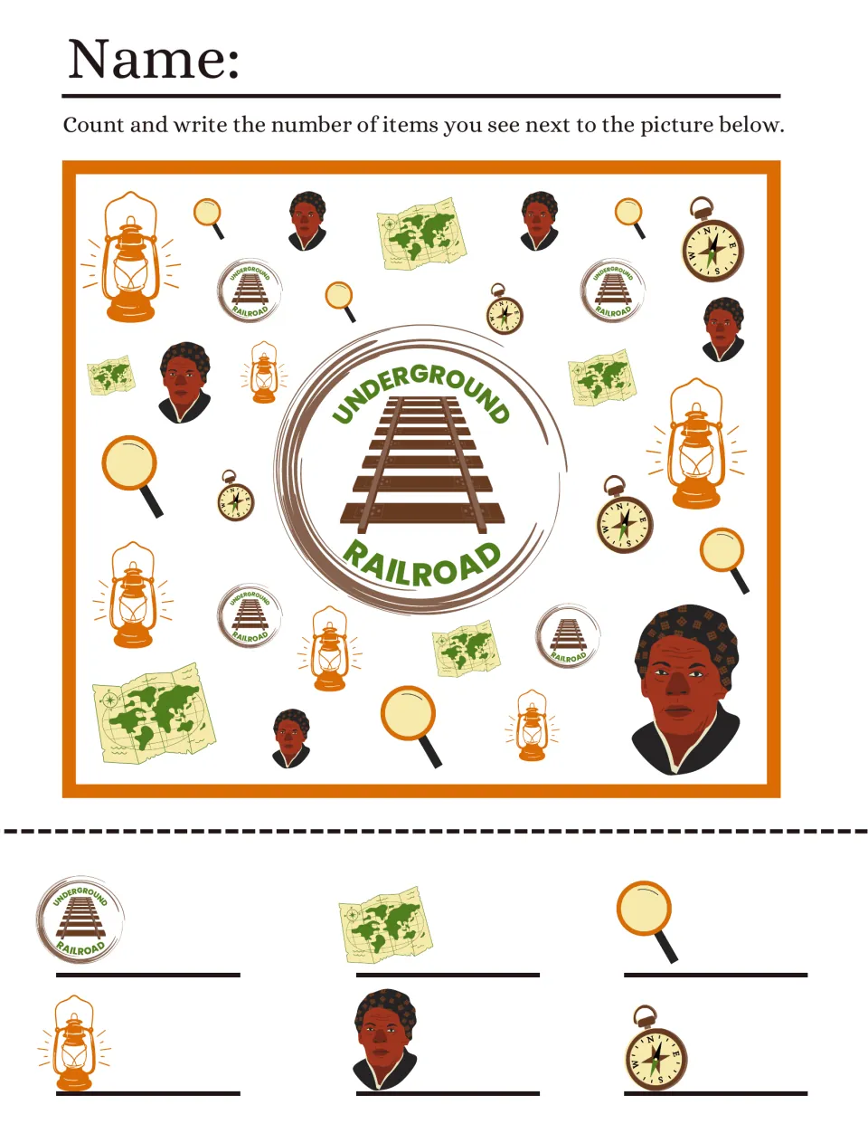 Underground Railroad I Spy: students count railroad badges, maps, magnifying glasses, lanterns, portraits and compasses
