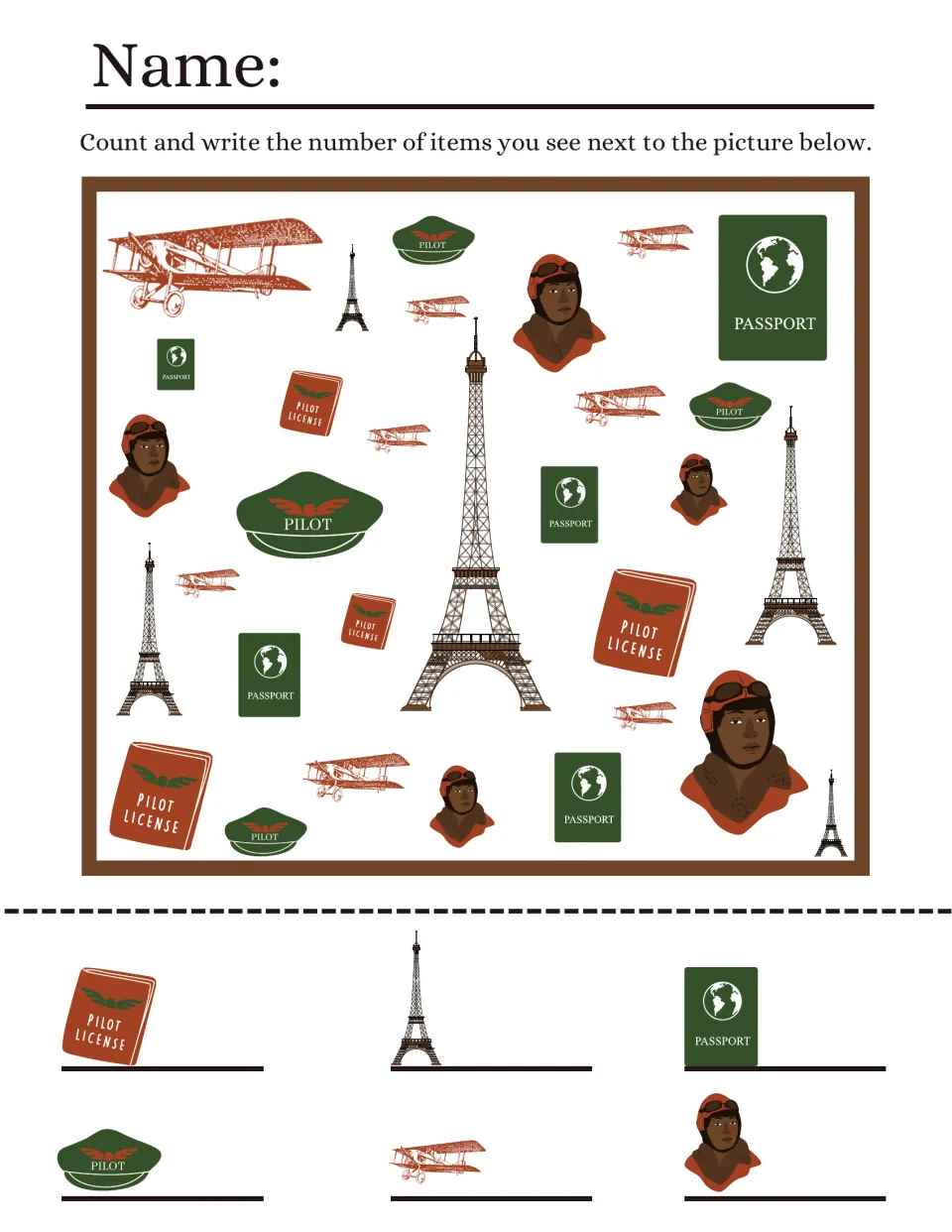 Aviator I Spy: students count pilot licenses, Eiffel Towers, passports, pilot caps, biplanes and pilot portraits