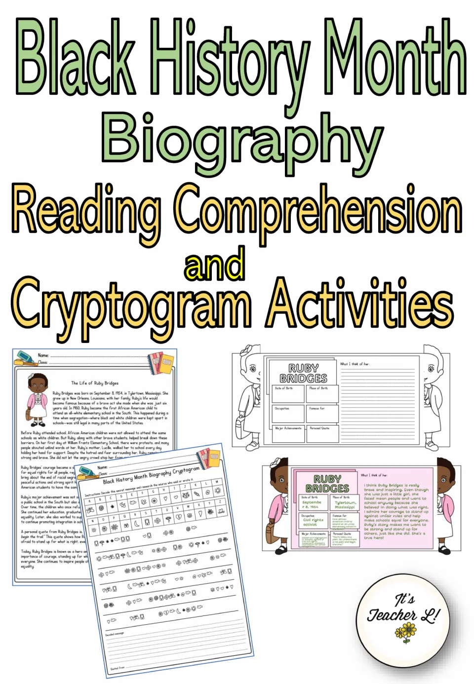 Black History Month biography cover: reading passages, a symbol cryptogram and Ruby Bridges organizer pages