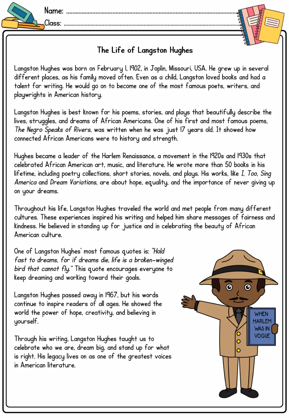 Langston Hughes biography: students read about his poems, the Harlem Renaissance and his 'Hold fast to dreams' quote